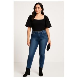 305 Ava & Viv Black Puff Sleeve Textured Top – Square Neck Stretchy Blouse